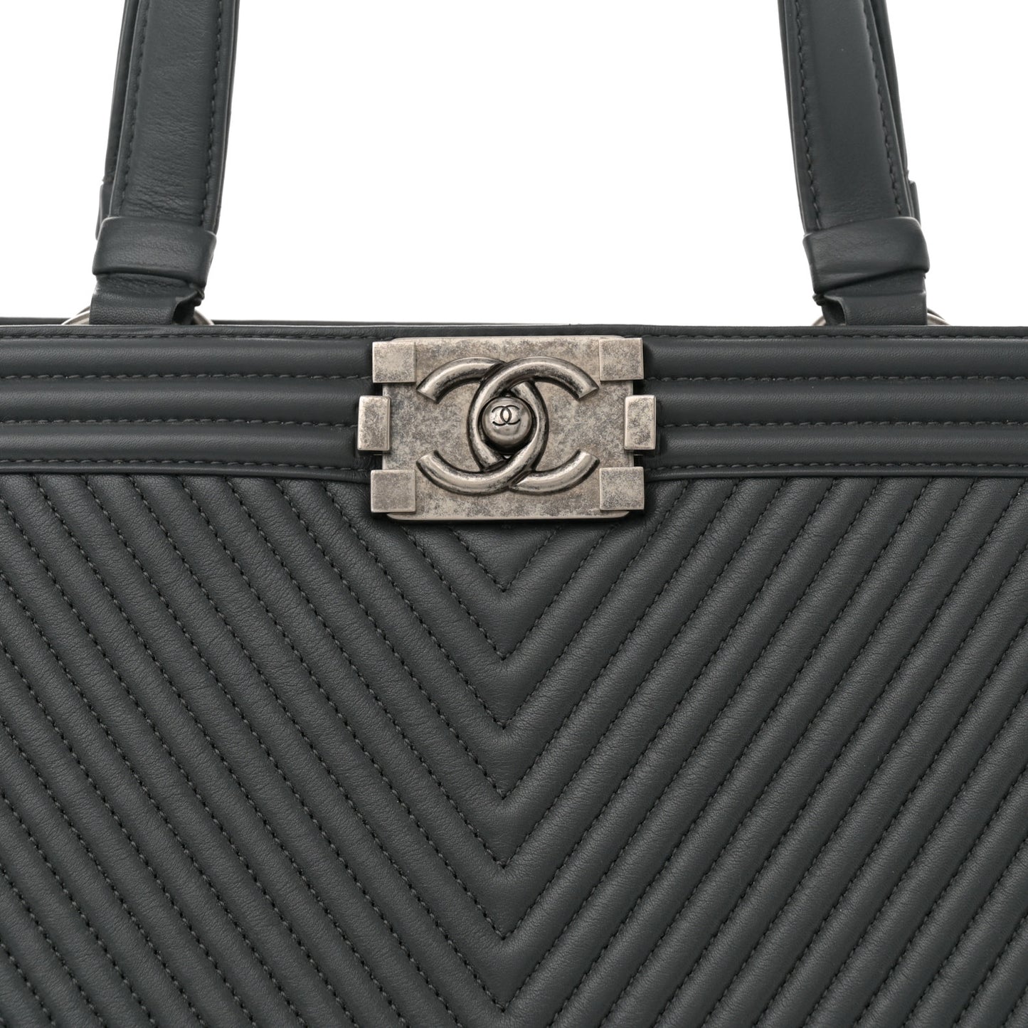 Calfskin Chevron Quilted Boy Shopping Tote Grey