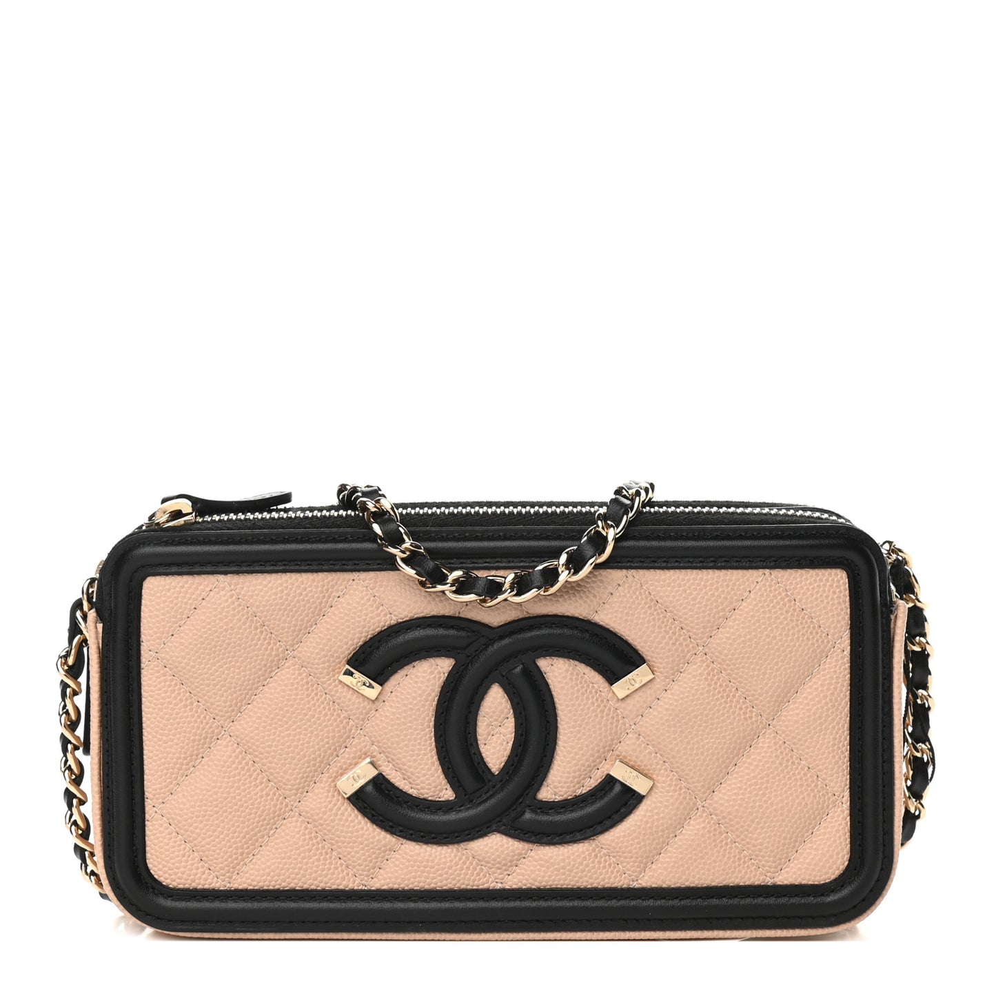 Caviar Quilted CC Filigree Clutch With Chain Beige Black