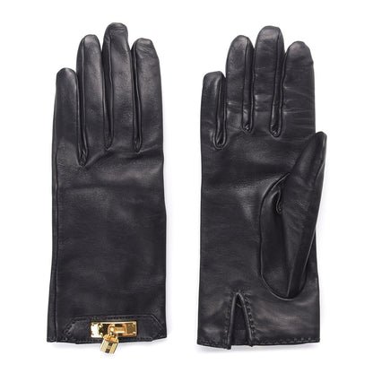 Hermes Lambskin Soya Kelly Lock Gloves 6.5 Black 1 of 5