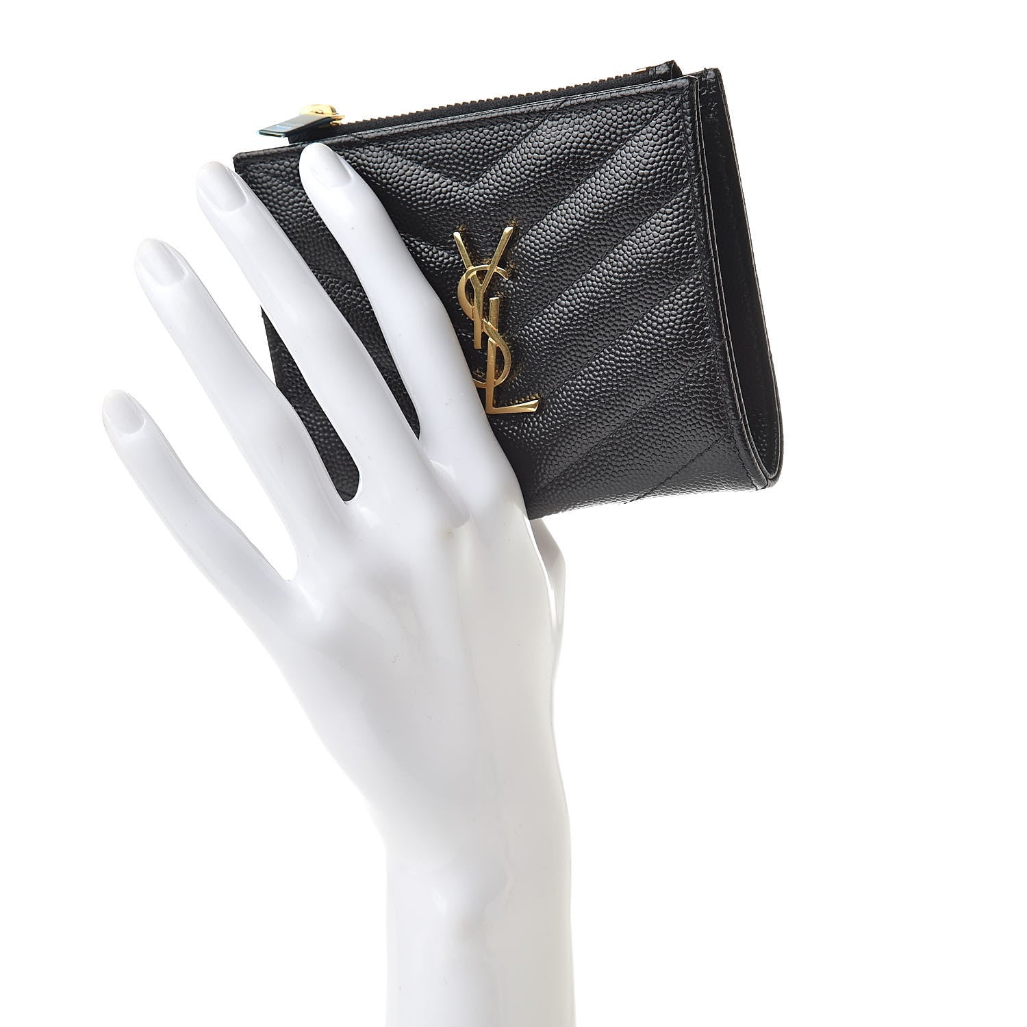 Saint Laurent Grain De Poudre Matelasse Chevron Monogram Zipped Card Case Black 2 of 8