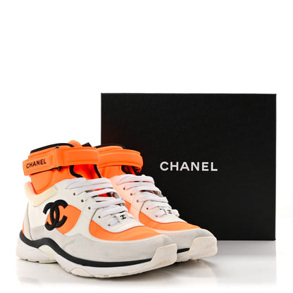 Chanel Suede Calfskin Lambskin Neoprene High Top CC Sneakers 39.5 White Fluo Orange 23 of 23