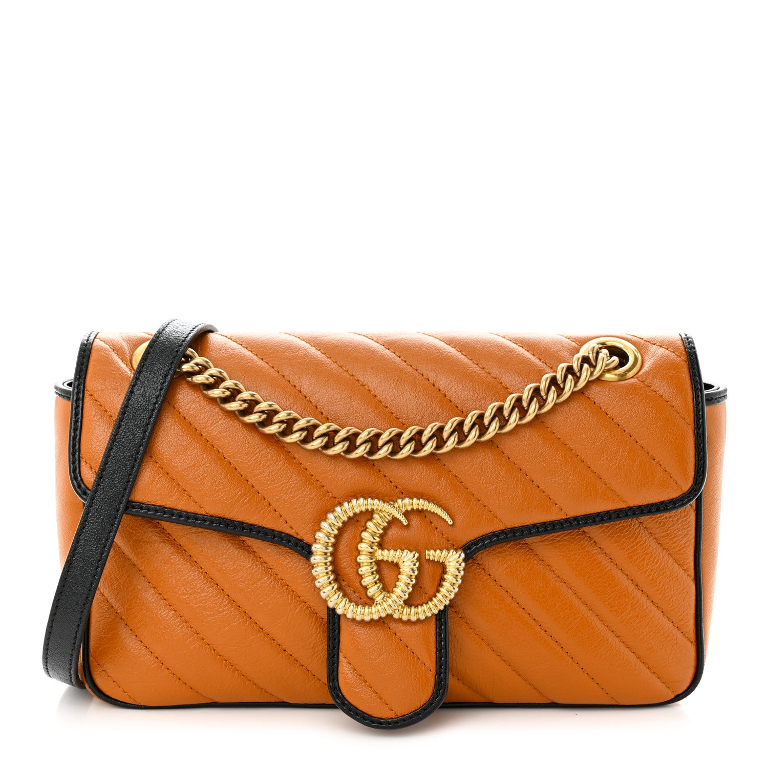 Gucci Vintage Effect Calfskin Matelasse Diagonal Small Torchon GG Marmont Shoulder Bag Cognac Black 1 of 11