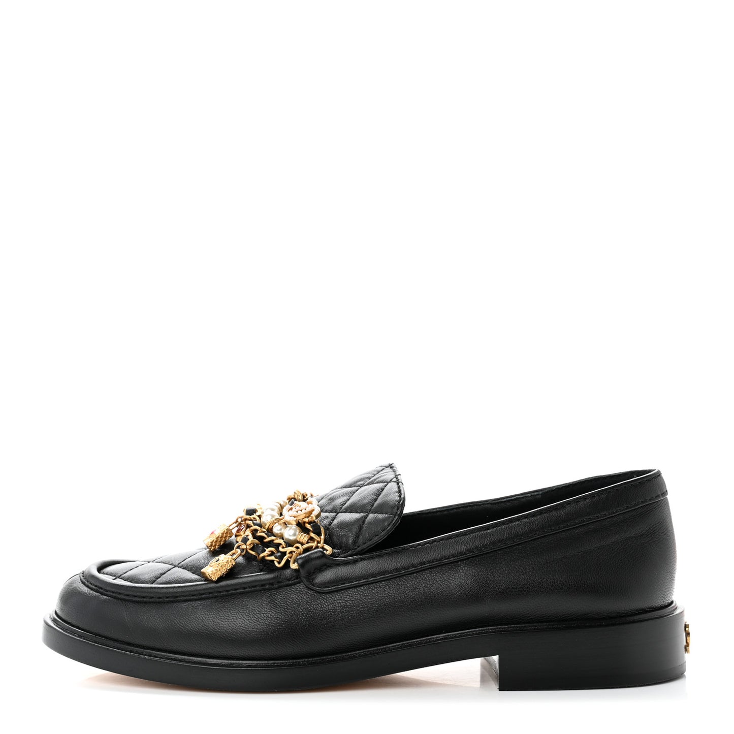 Lambskin Pearl Crystal Quilted CC Logo Jewelry Loafers 39 Black