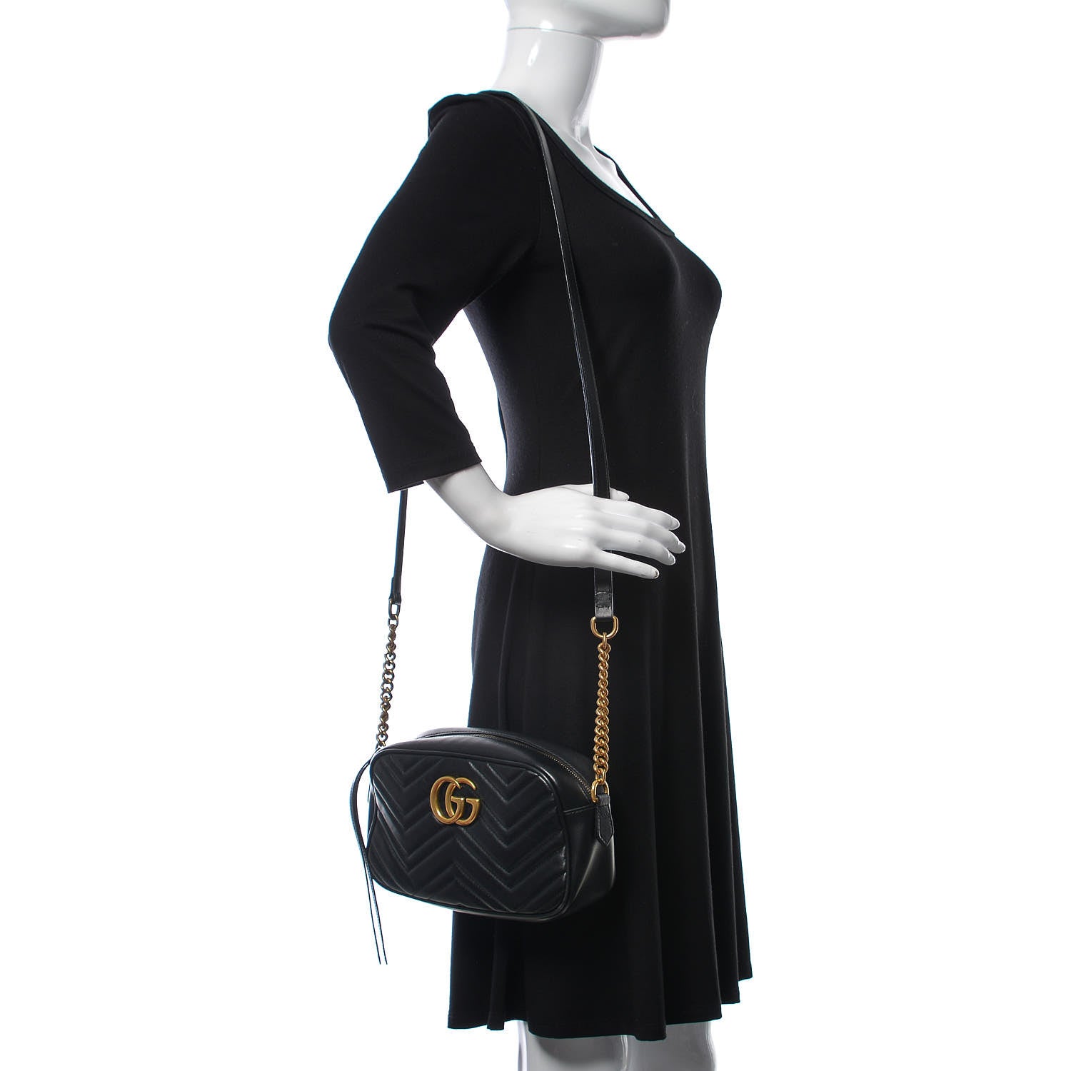 Gucci Calfskin Matelasse Small GG Marmont Chain Shoulder Bag Black 2 of 9