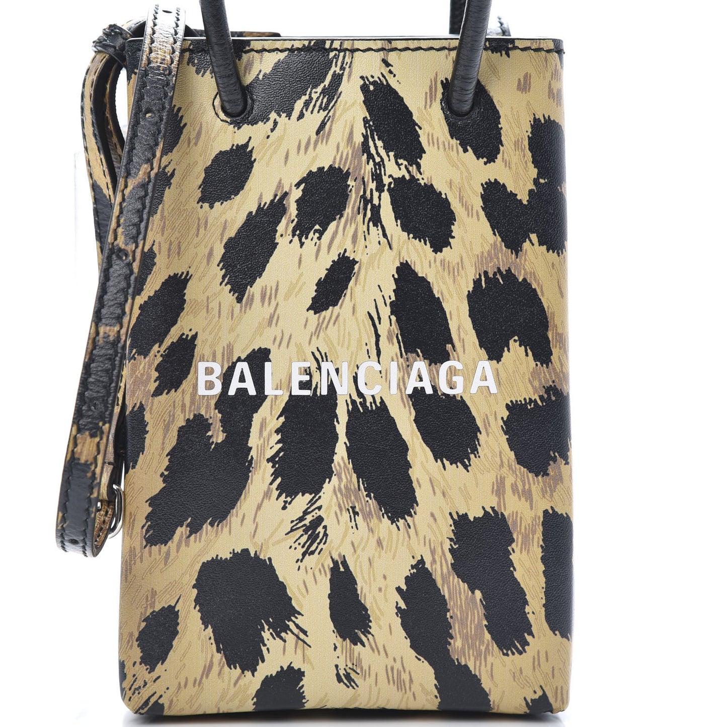Smooth Calfskin Leopard Print Logo Shopping Phone Holder Bag Beige Black