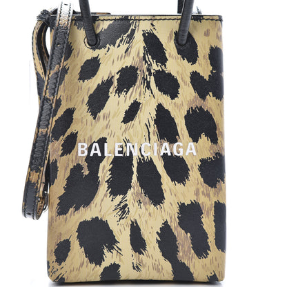 Balenciaga Smooth Calfskin Leopard Print Logo Shopping Phone Holder Bag Beige Black 8 of 10