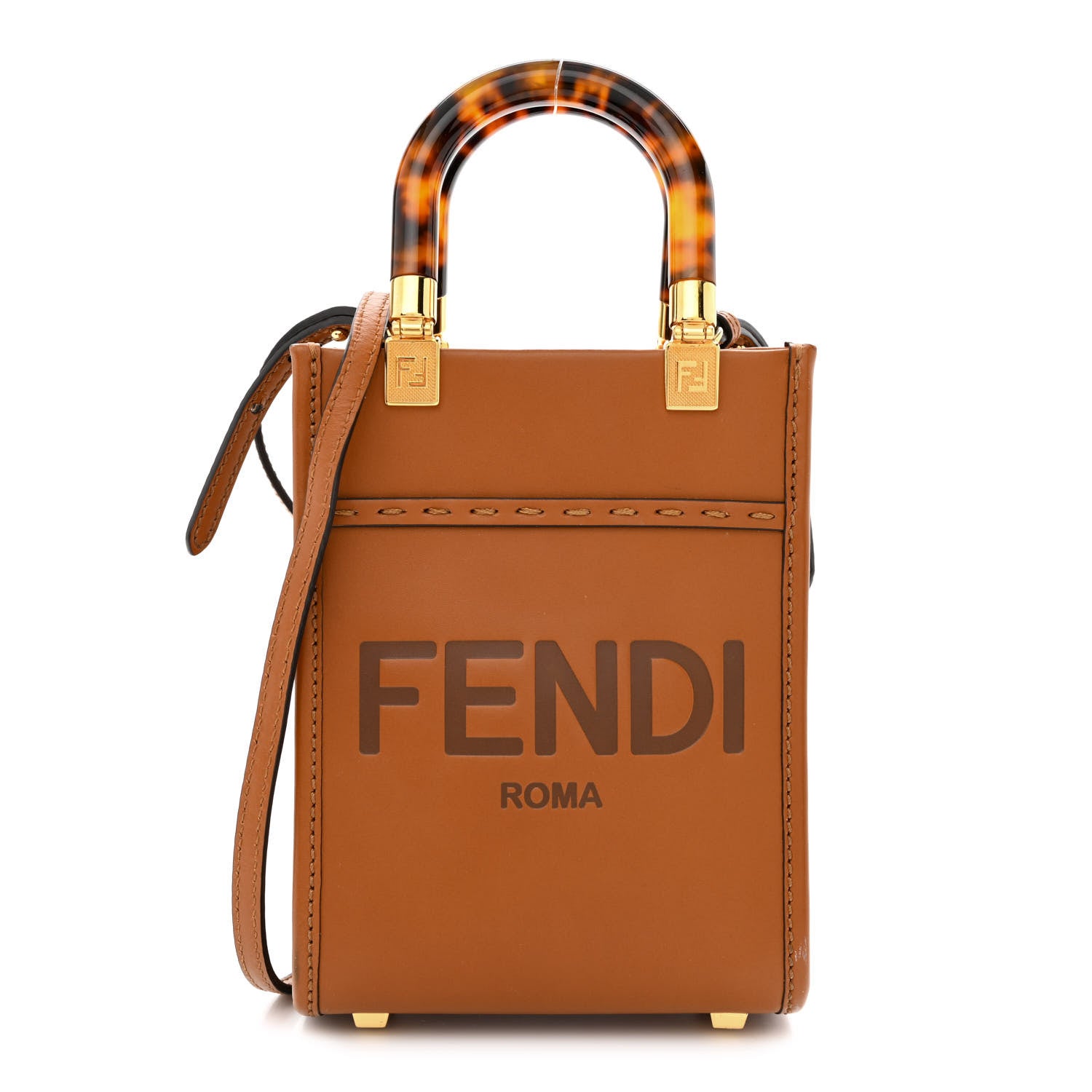 Fendi Vitello King Plexiglass Logo Embossed Mini Fendi Sunshine Shopper Tote Cuoio 1 of 10