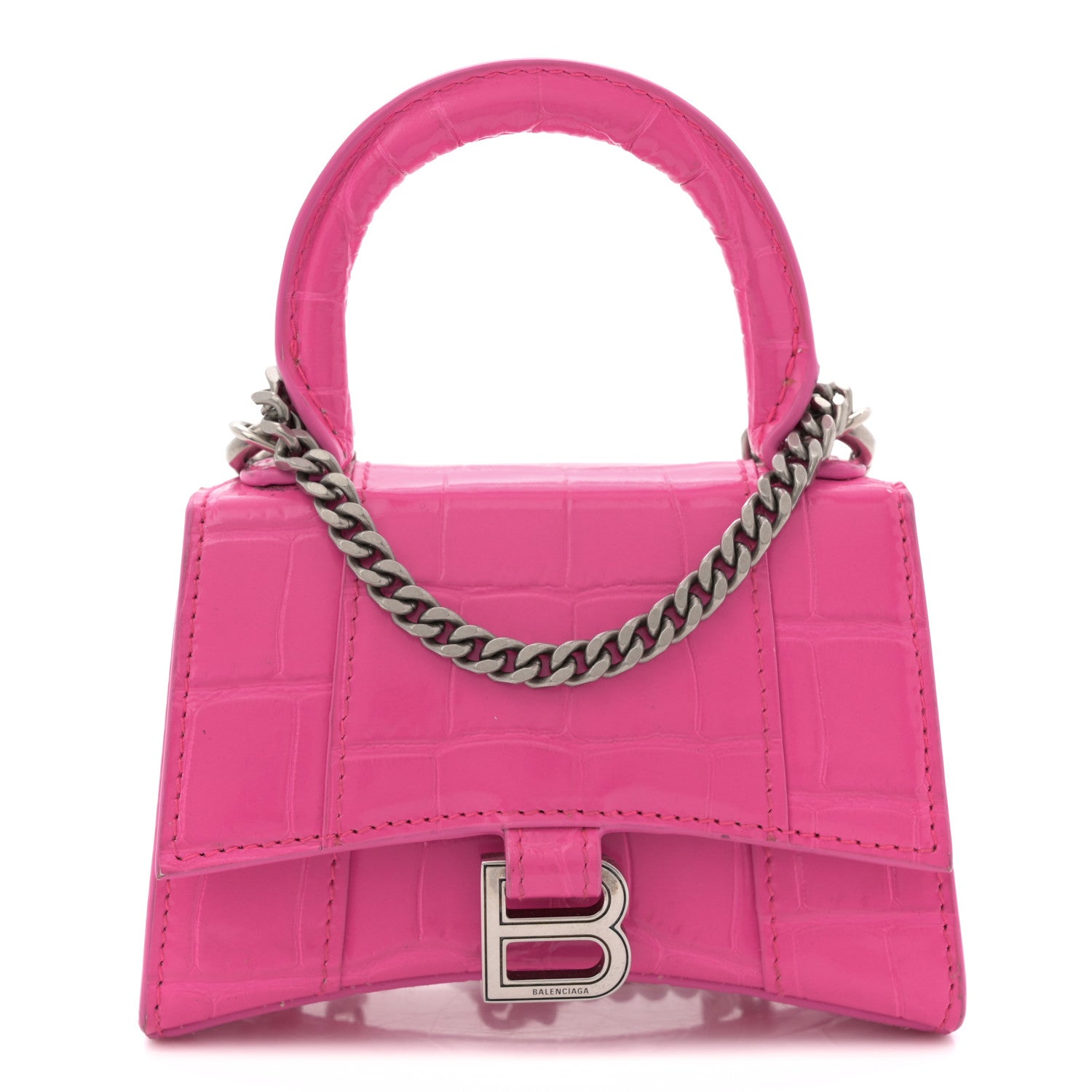 Balenciaga Shiny Calfskin Crocodile Embossed Hourglass Top Handle Bag Mini with Chain Neon Pink 1 of 13