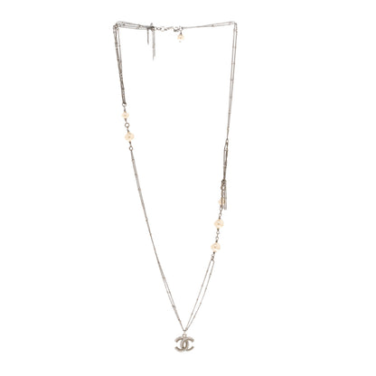 Chanel Crystal Pearl CC Pendant Necklace Silver 3 of 5