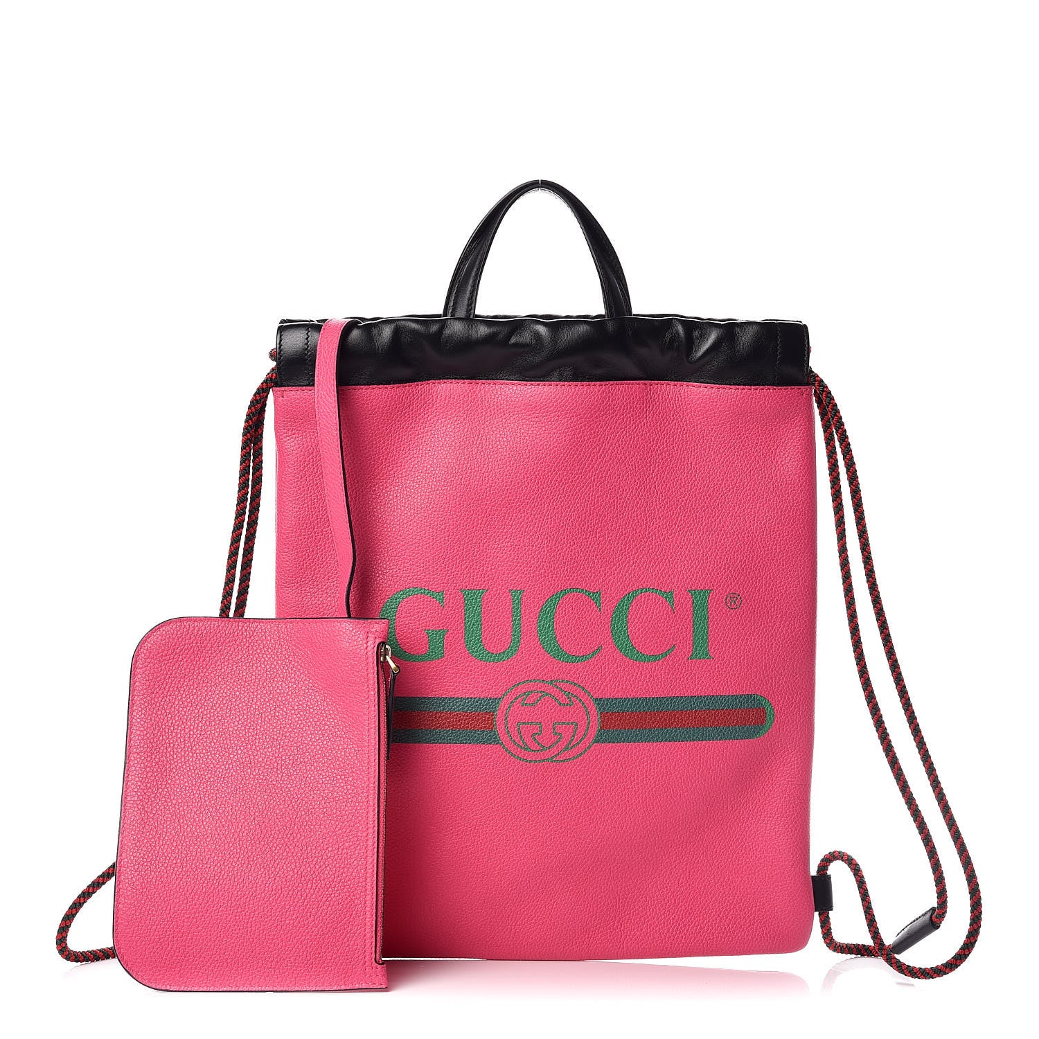 Gucci Grained Calfskin Logo Drawstring Backpack Box Pink Green Black 1 of 10