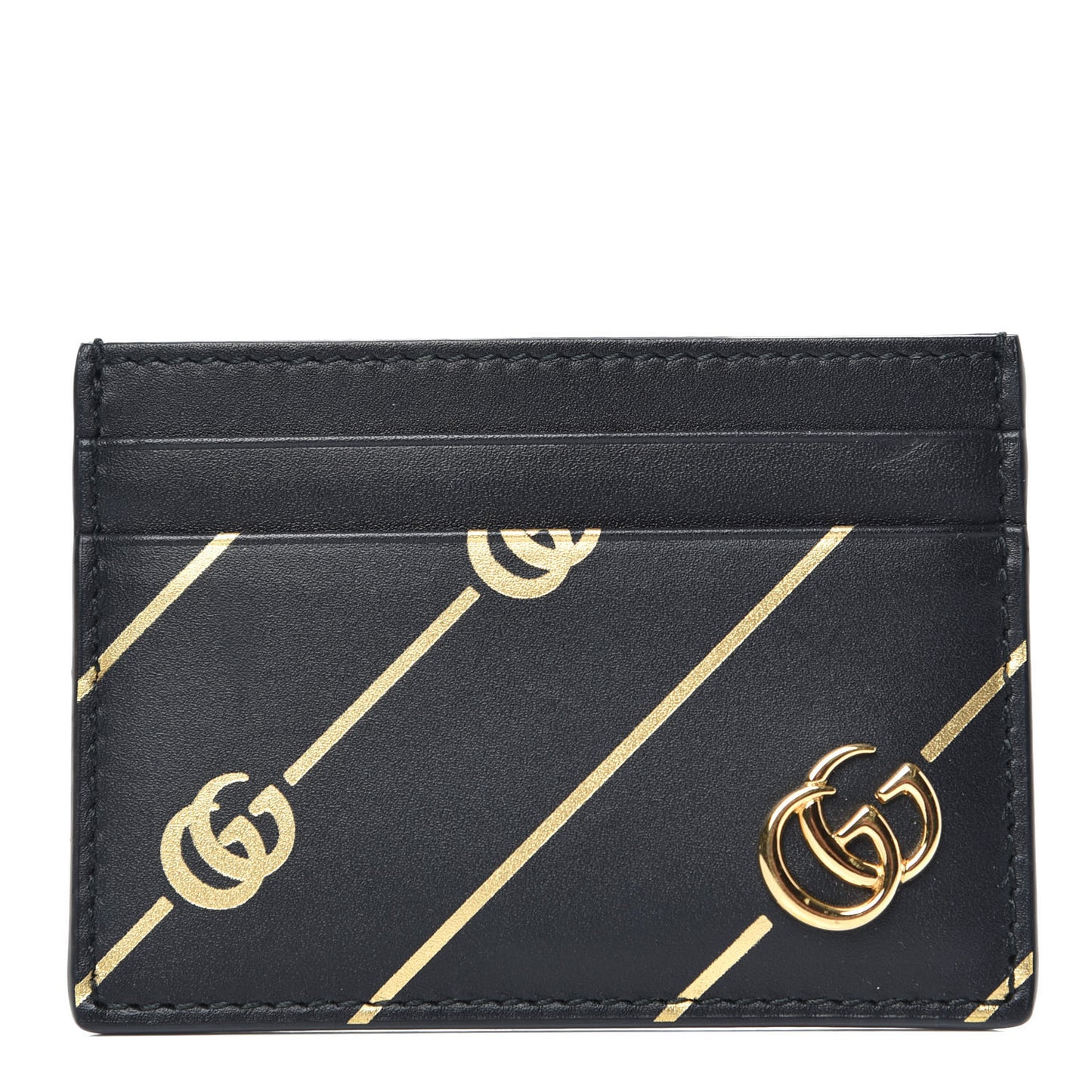 Calfskin Diagonal GG Card Holder Black Gold