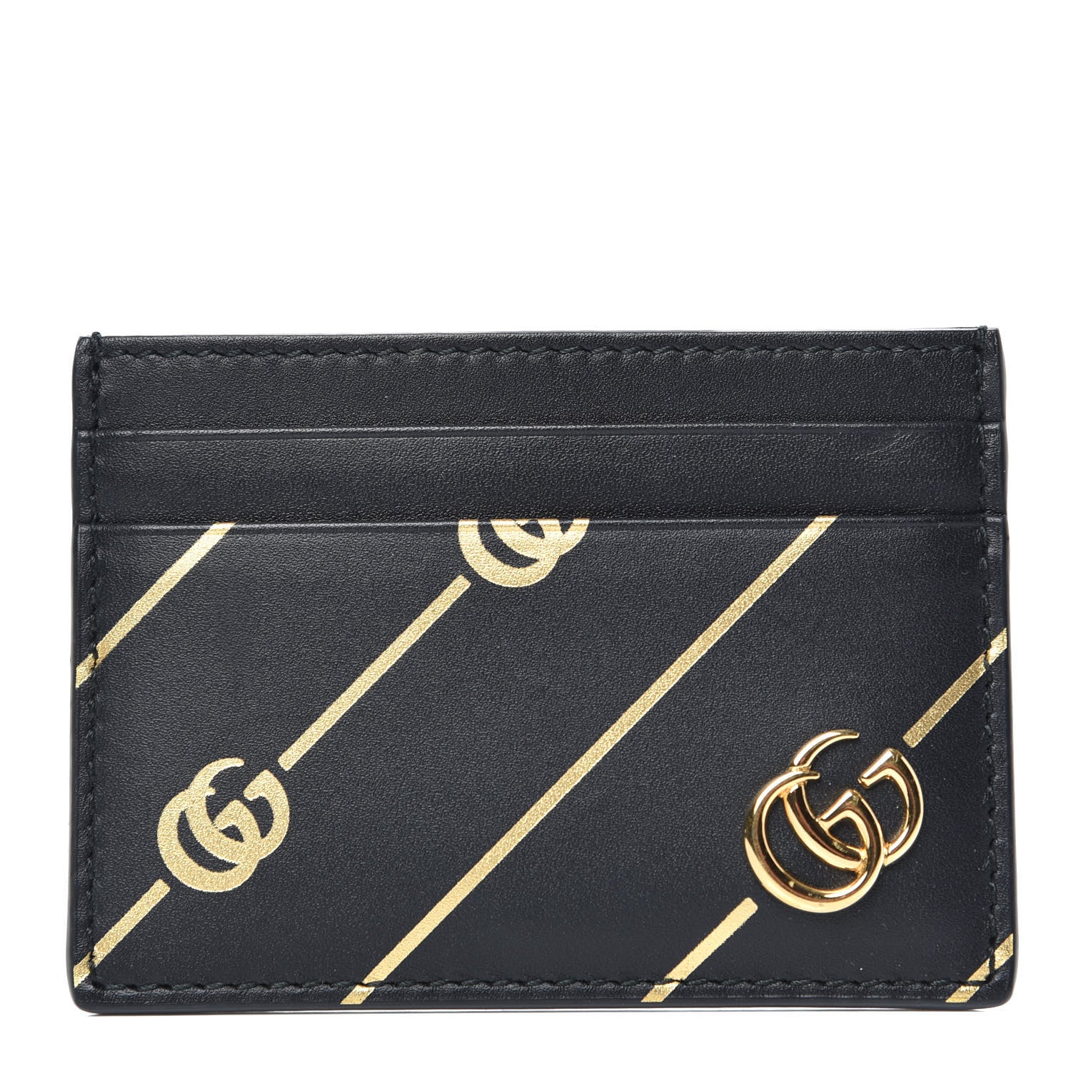 Gucci Calfskin Diagonal GG Card Holder Black Gold 1 of 6
