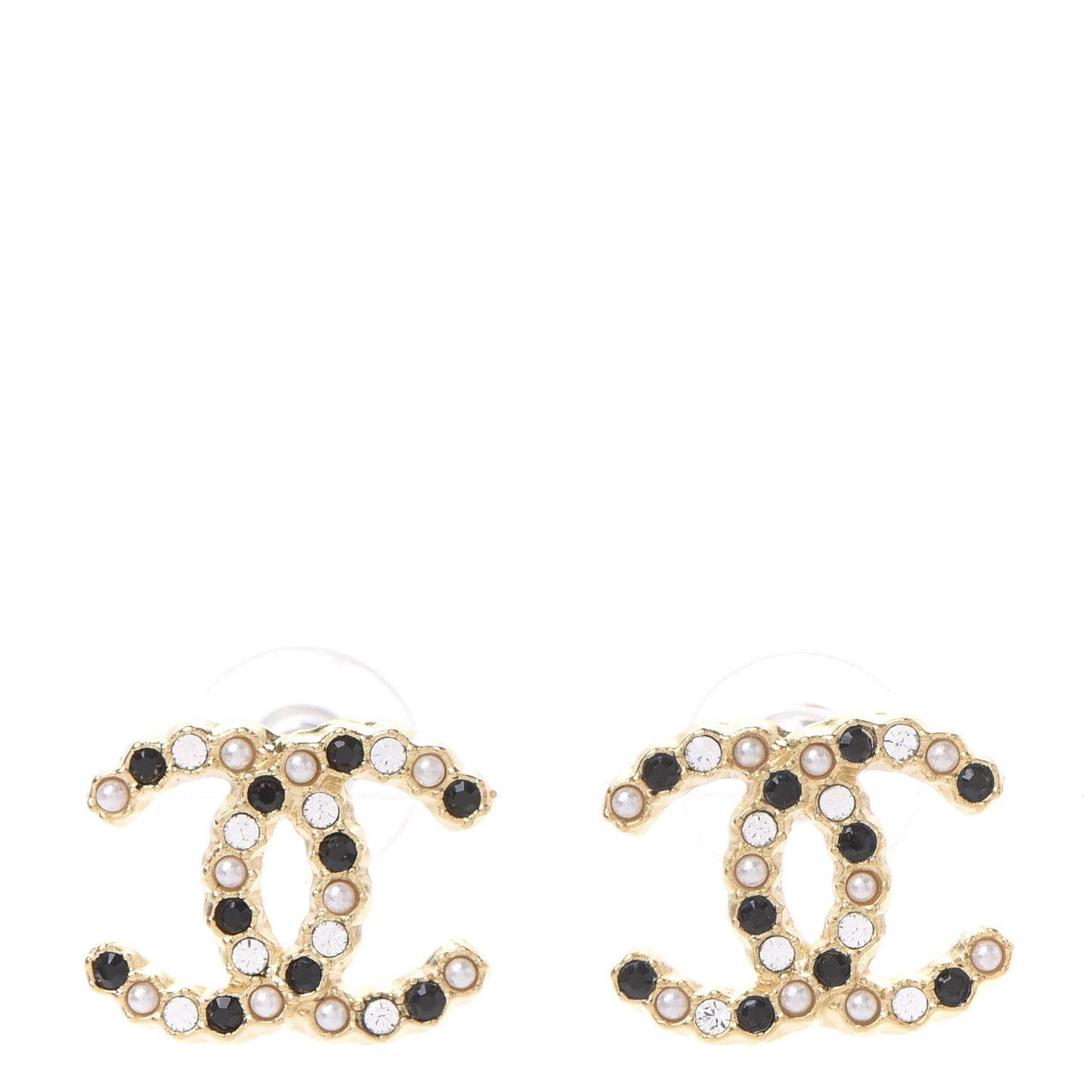 Resin Pearl Crystal CC Earrings Gold Black