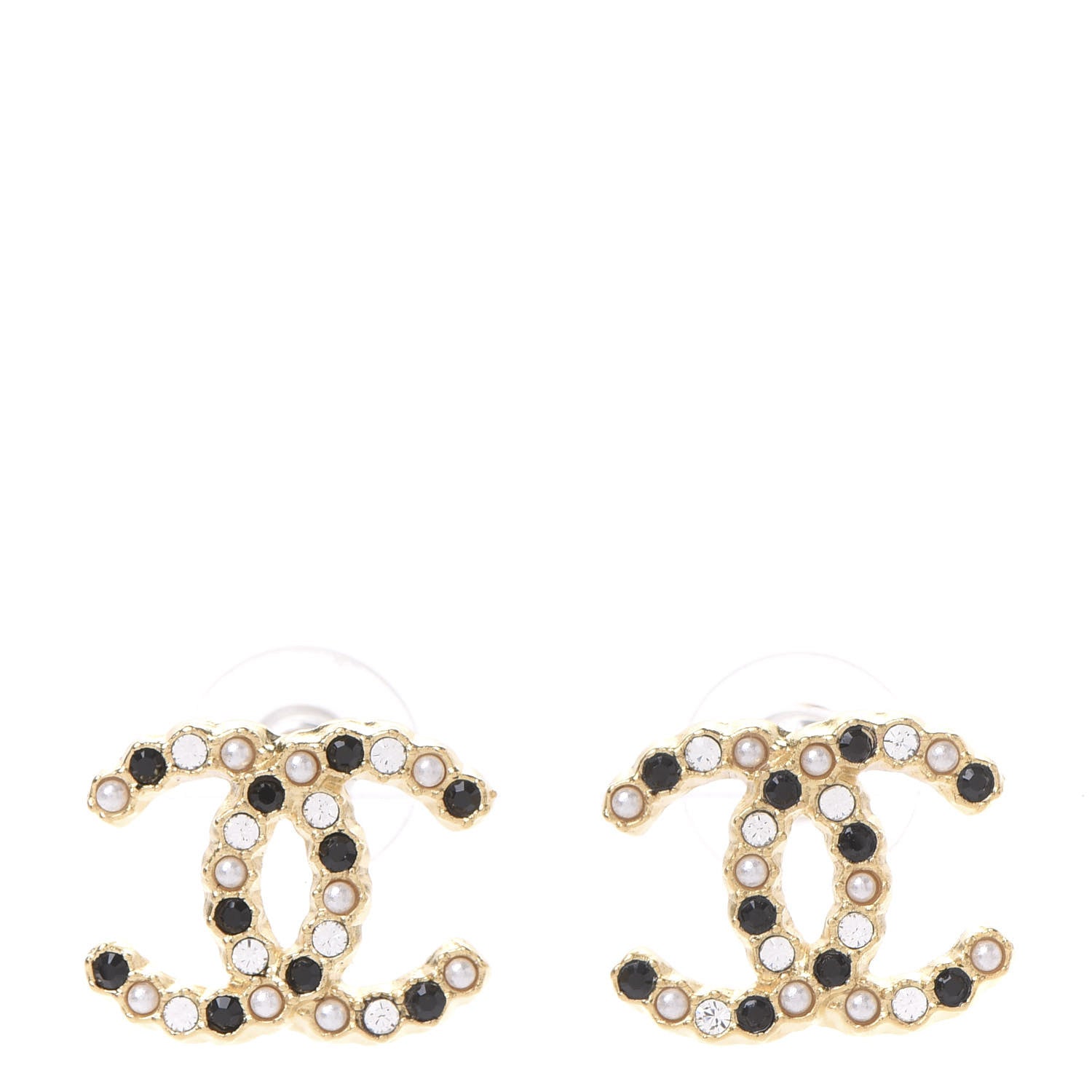 Chanel Resin Pearl Crystal CC Earrings Gold Black 1 of 5