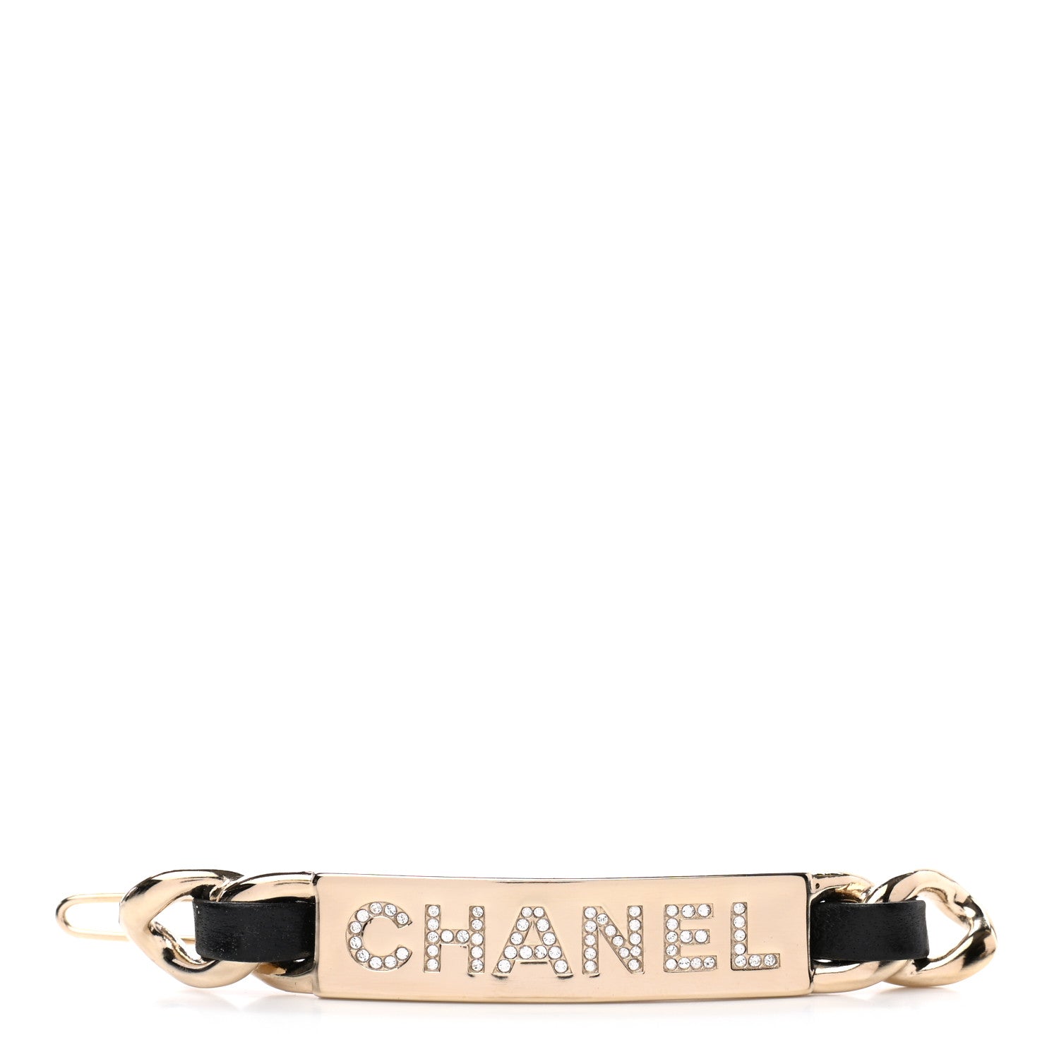 Chanel Metal Lambskin Crystal Sergeant Hair Clip Barette Black Gold 1 of 4