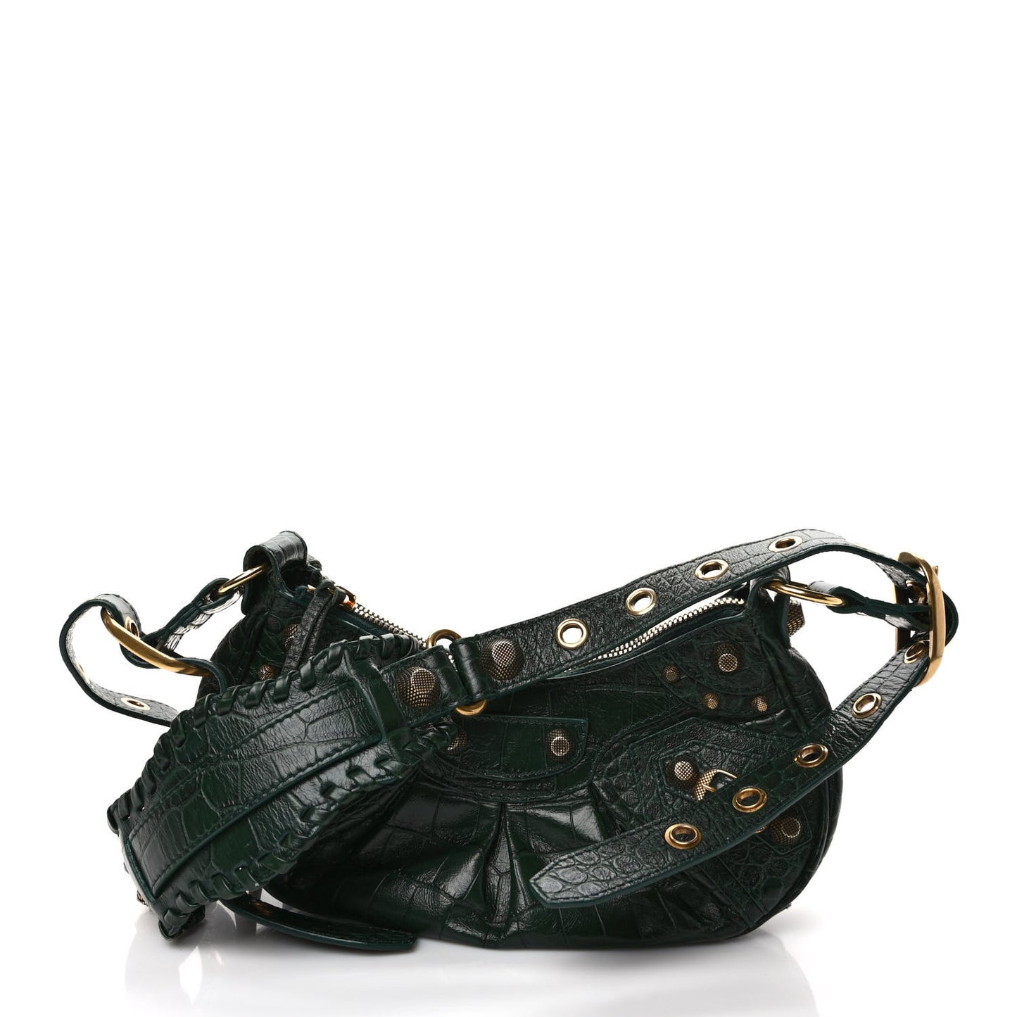 Extra Supple Calfskin Crocodile Embossed Le Cagole Shoulder Bag XS Forest Green