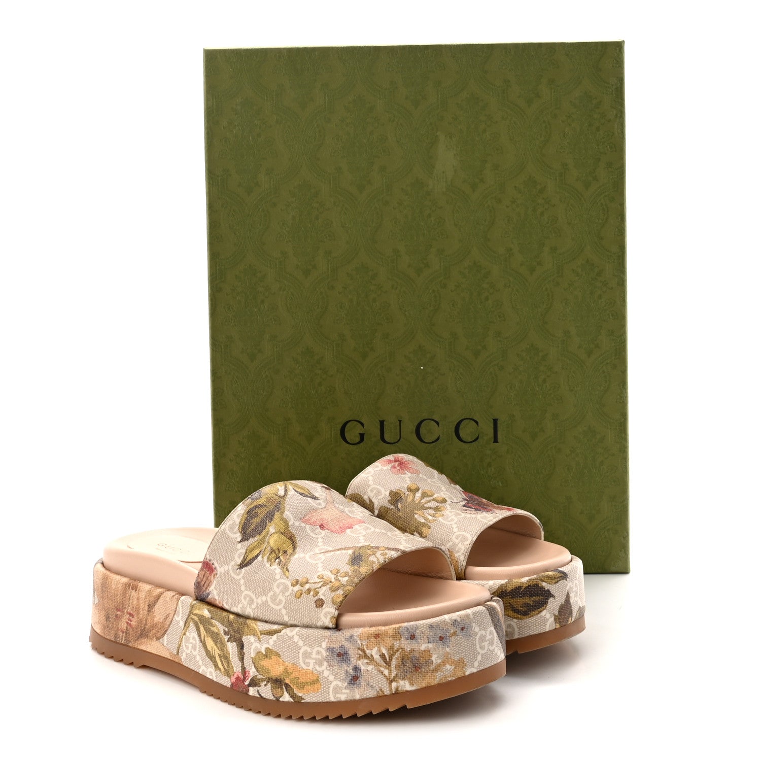 Gucci GG Supreme Monogram Water Flora Angelina Platform Slide Sandals 38.5 Beige White Multicolor 10 of 10