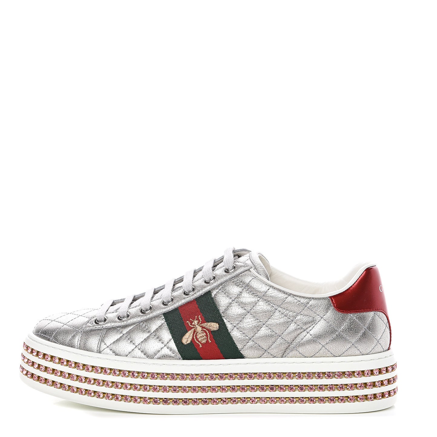 Laminated Nappa Crystal Web Bee Embroidered Trapuntata Womens Ace Platform Sneakers 40 Argento
