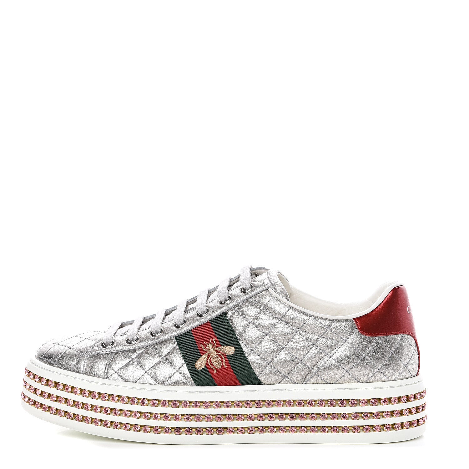 Gucci Laminated Nappa Crystal Web Bee Embroidered Trapuntata Womens Ace Platform Sneakers 40 Argento 1 of 8