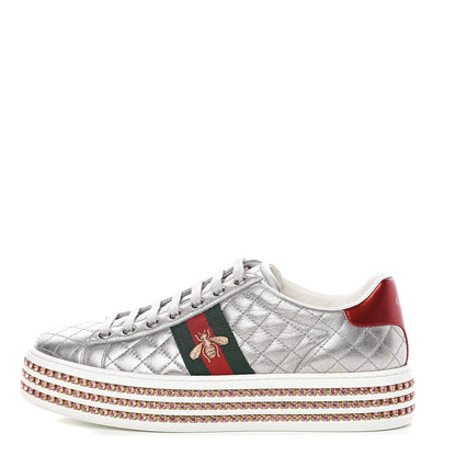 Gucci Laminated Nappa Crystal Web Bee Embroidered Trapuntata Womens Ace Platform Sneakers 40 Argento 1 of 8