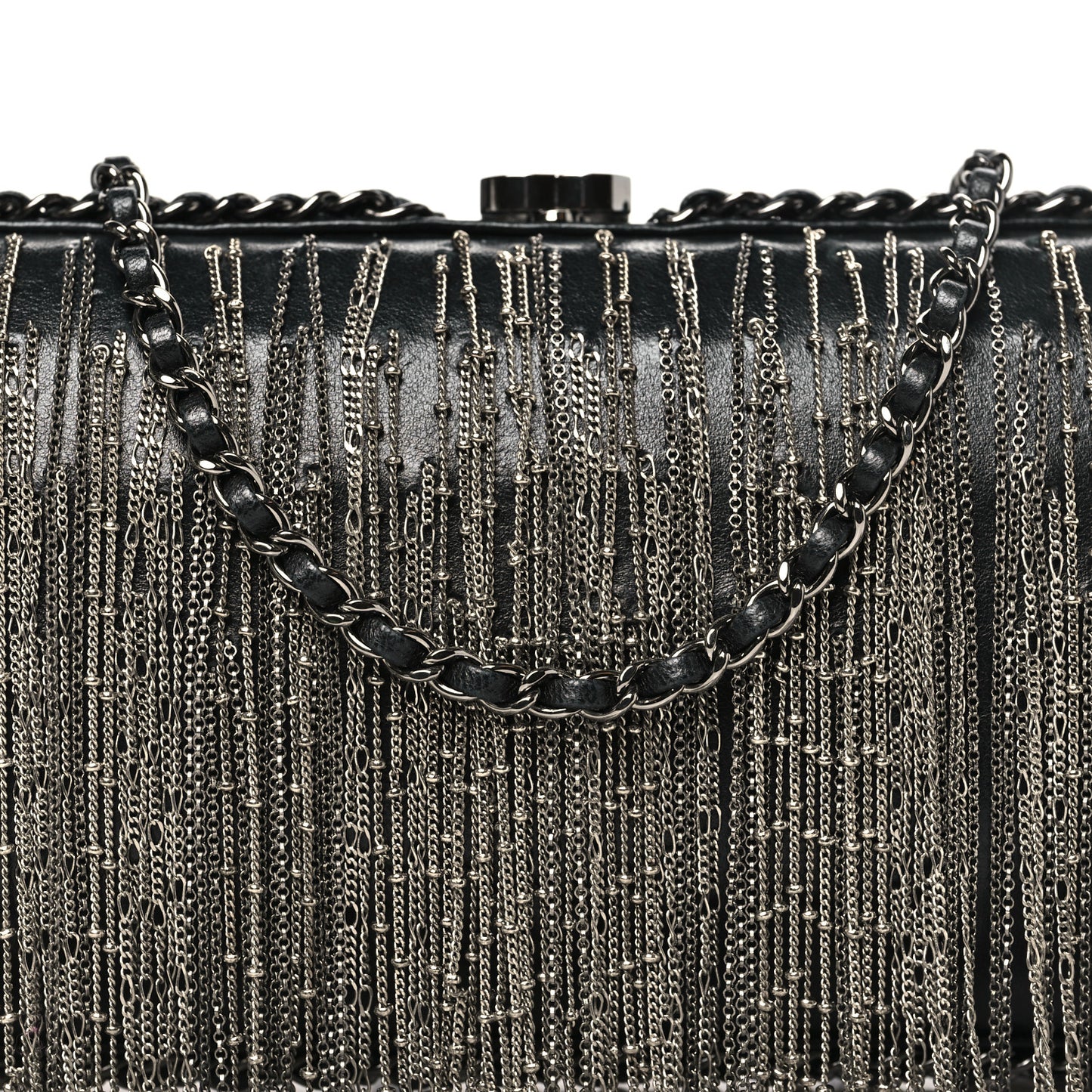 Lambskin Chain Fringe Clutch With Chain  Black