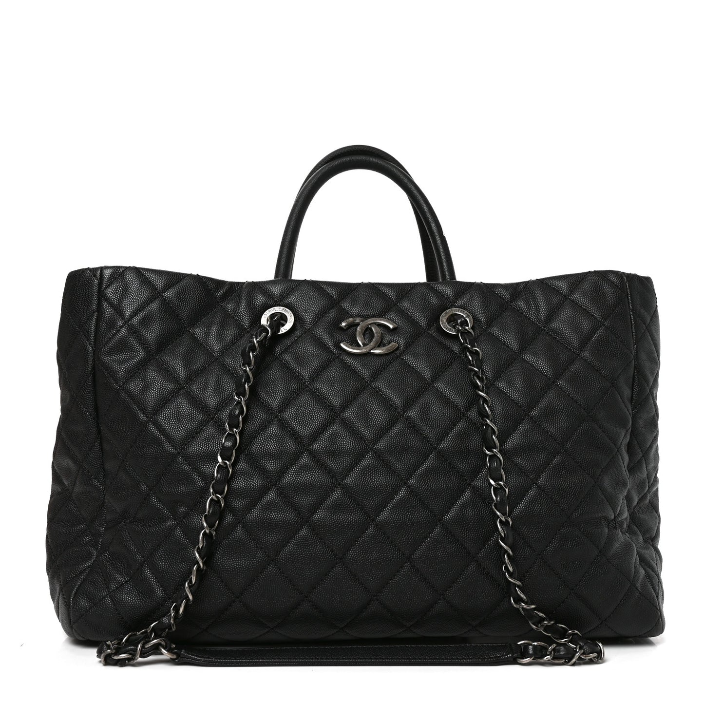 Caviar Quilted Large Coco Handle Shopping Tote Black