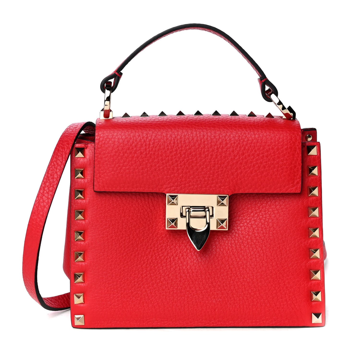 Pebbled Calfskin Rockstud Overlay Flap Top Handle Bag Rouge Pur