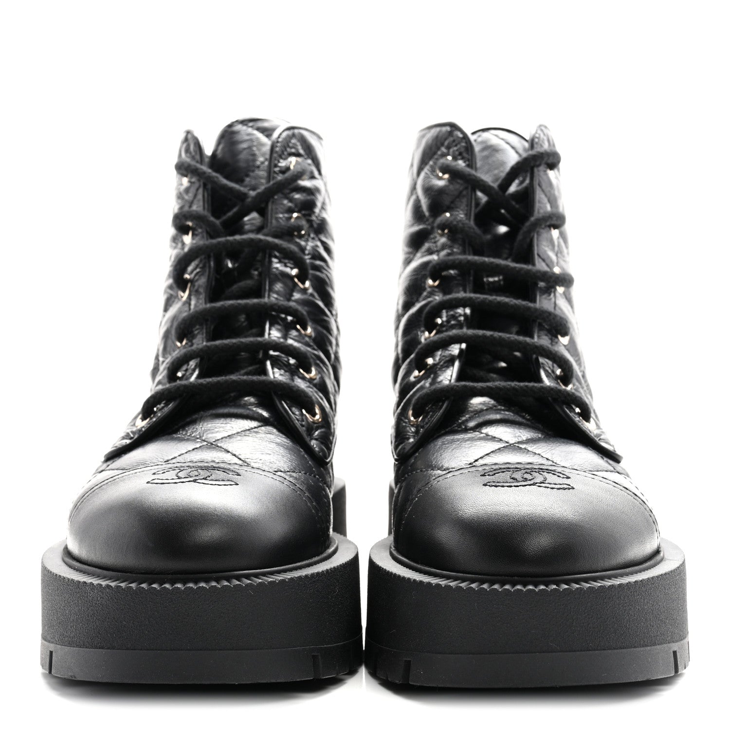 Chanel Crumpled Lambskin Quilted Platform Lace Up Combat Boots 39 Black 3 of 10