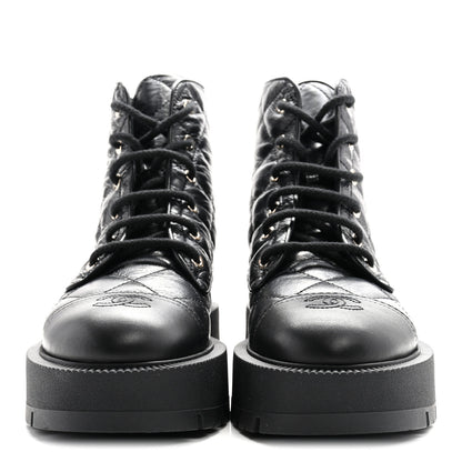 Chanel Crumpled Lambskin Quilted Platform Lace Up Combat Boots 39 Black 3 of 10