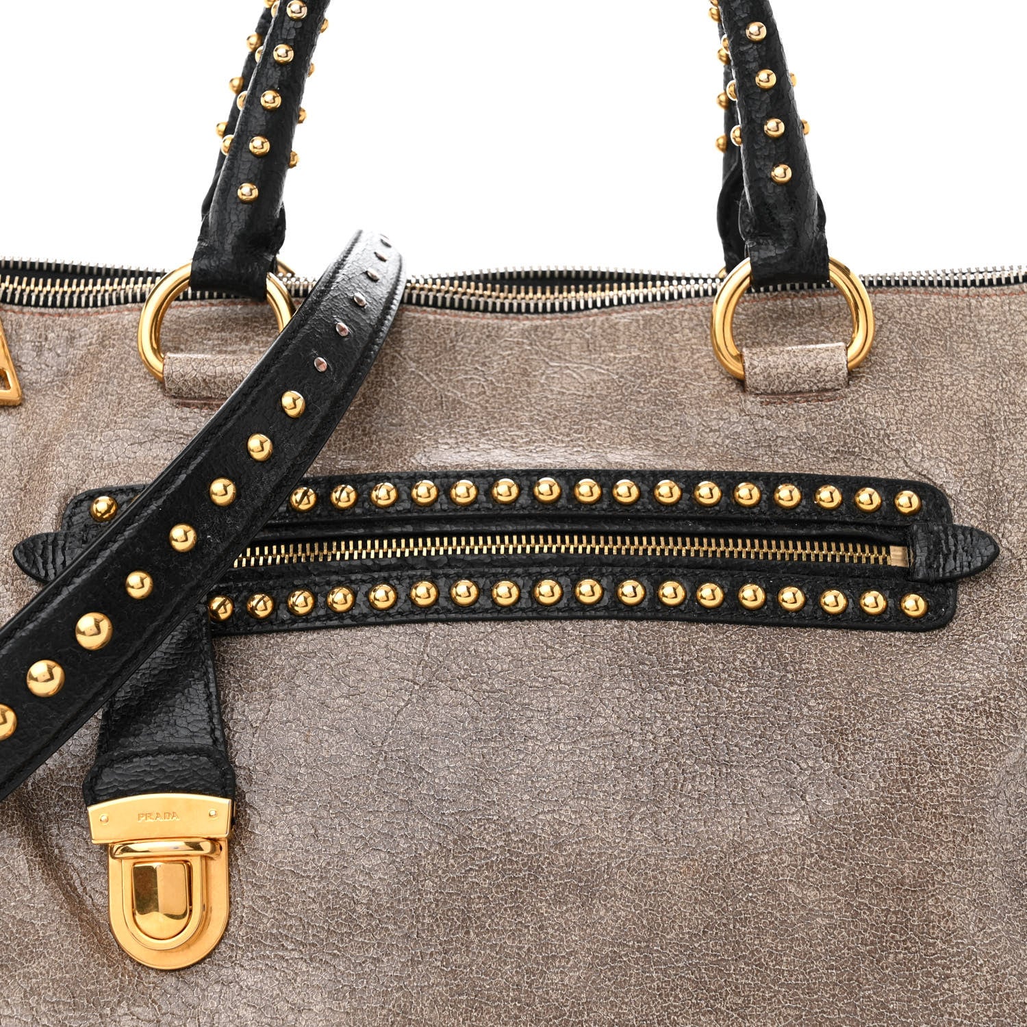 Prada Crackled Calfskin Studded Tote Talco Black 8 of 11