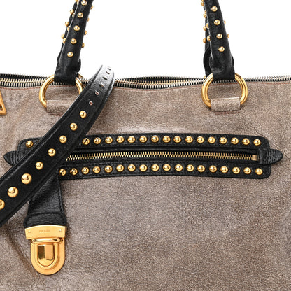 Prada Crackled Calfskin Studded Tote Talco Black 8 of 11