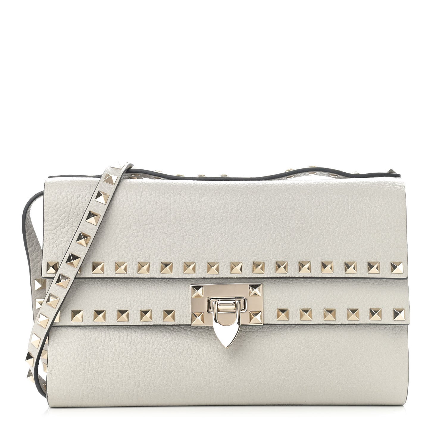 Pebbled Calfskin Rockstud Double Flap Crossbody Bag Grey