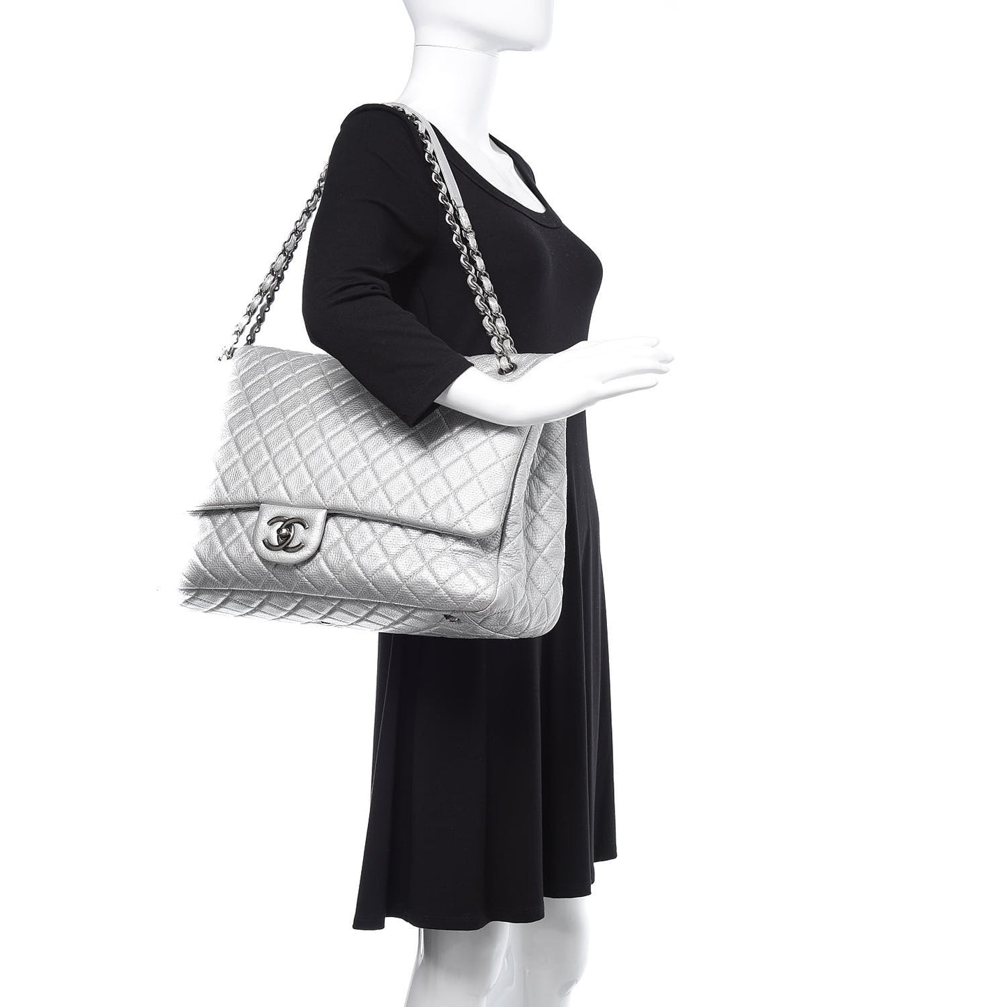 Metallic Calfskin Quilted XXL Travel Flap Bag Silver