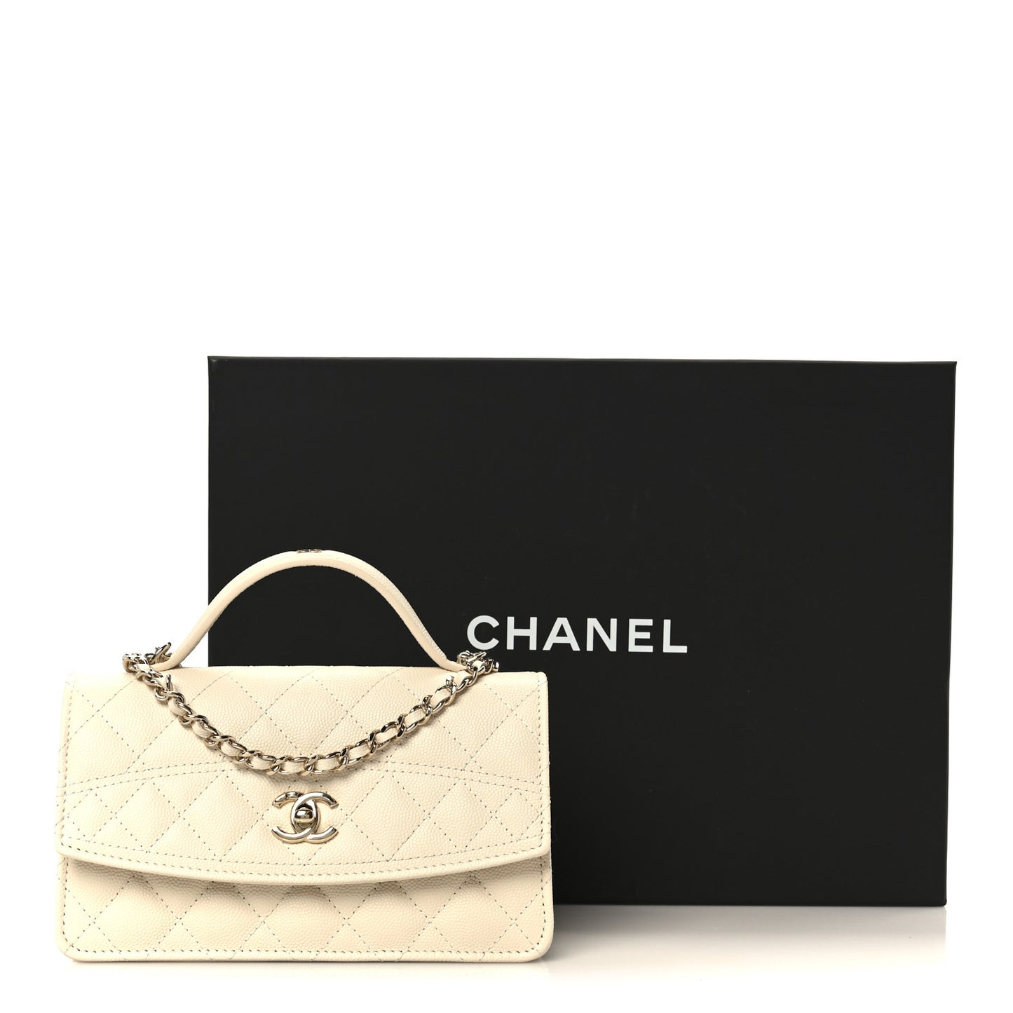 Caviar Quilted Trendy Handle Clutch With Chain Ecru