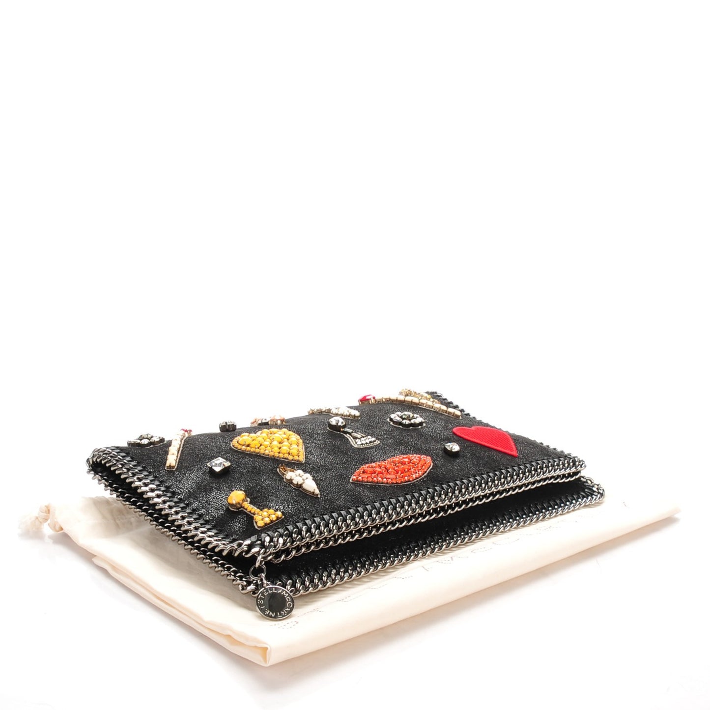 Shaggy Deer Embellished Falabella Fold Over Clutch Black