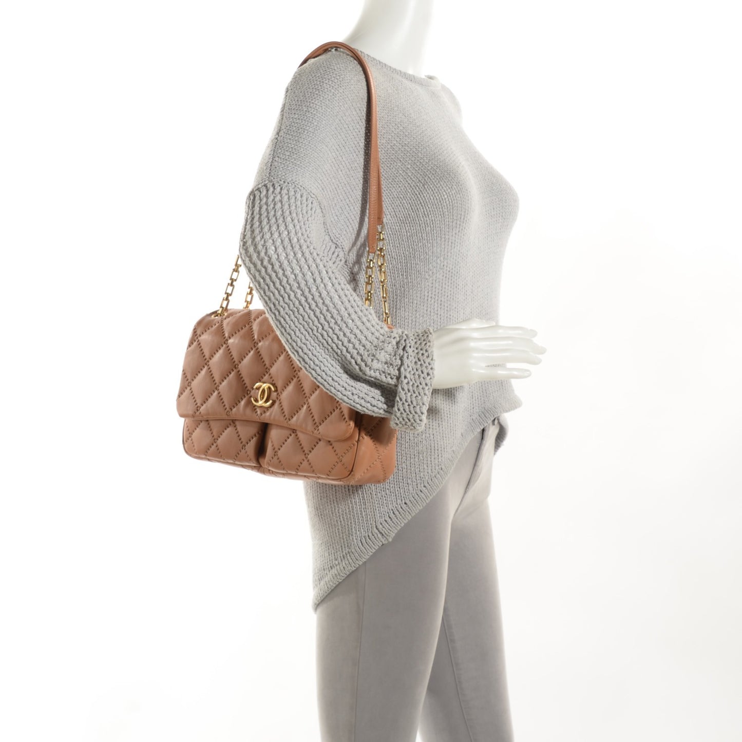 Calfskin Quilted Large Retro Chain Flap Beige