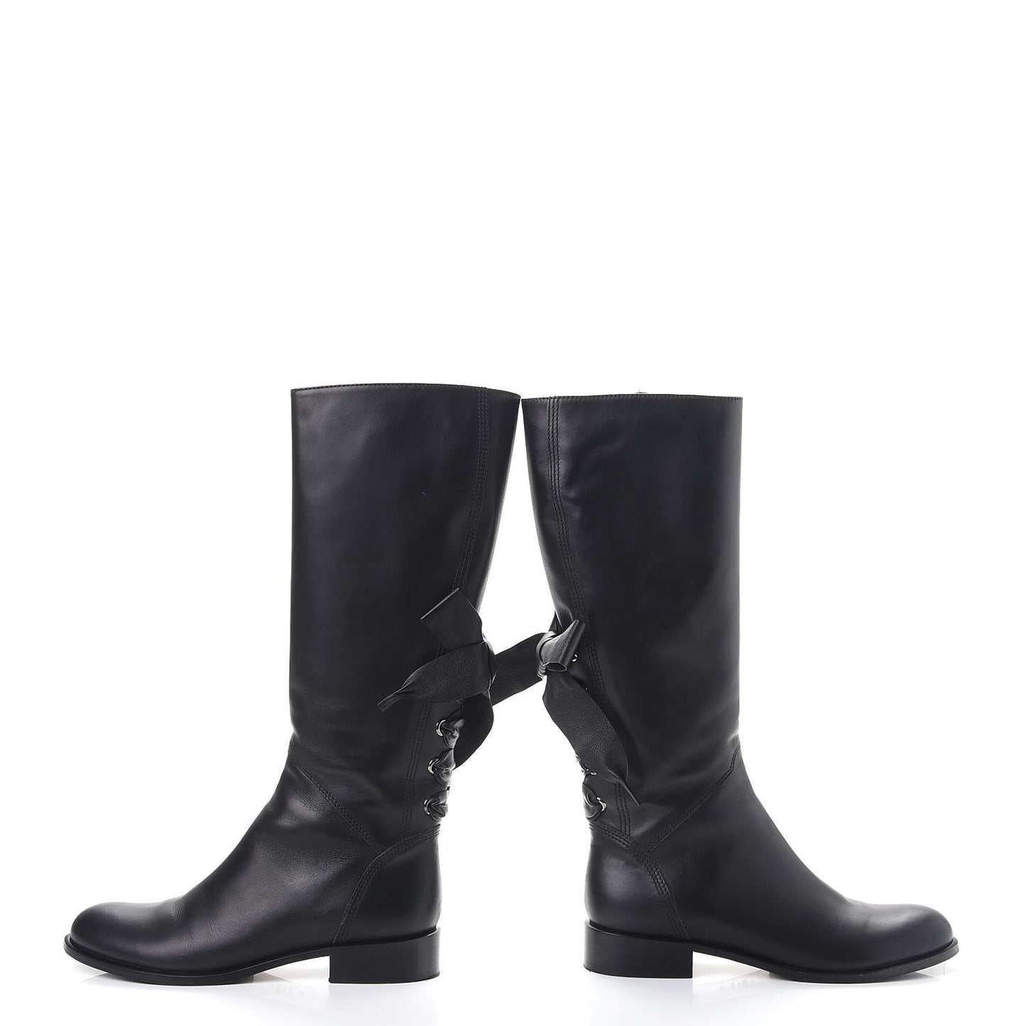Calfskin Bow Lace Up Back Knee High Tall Boots 38.5 Black