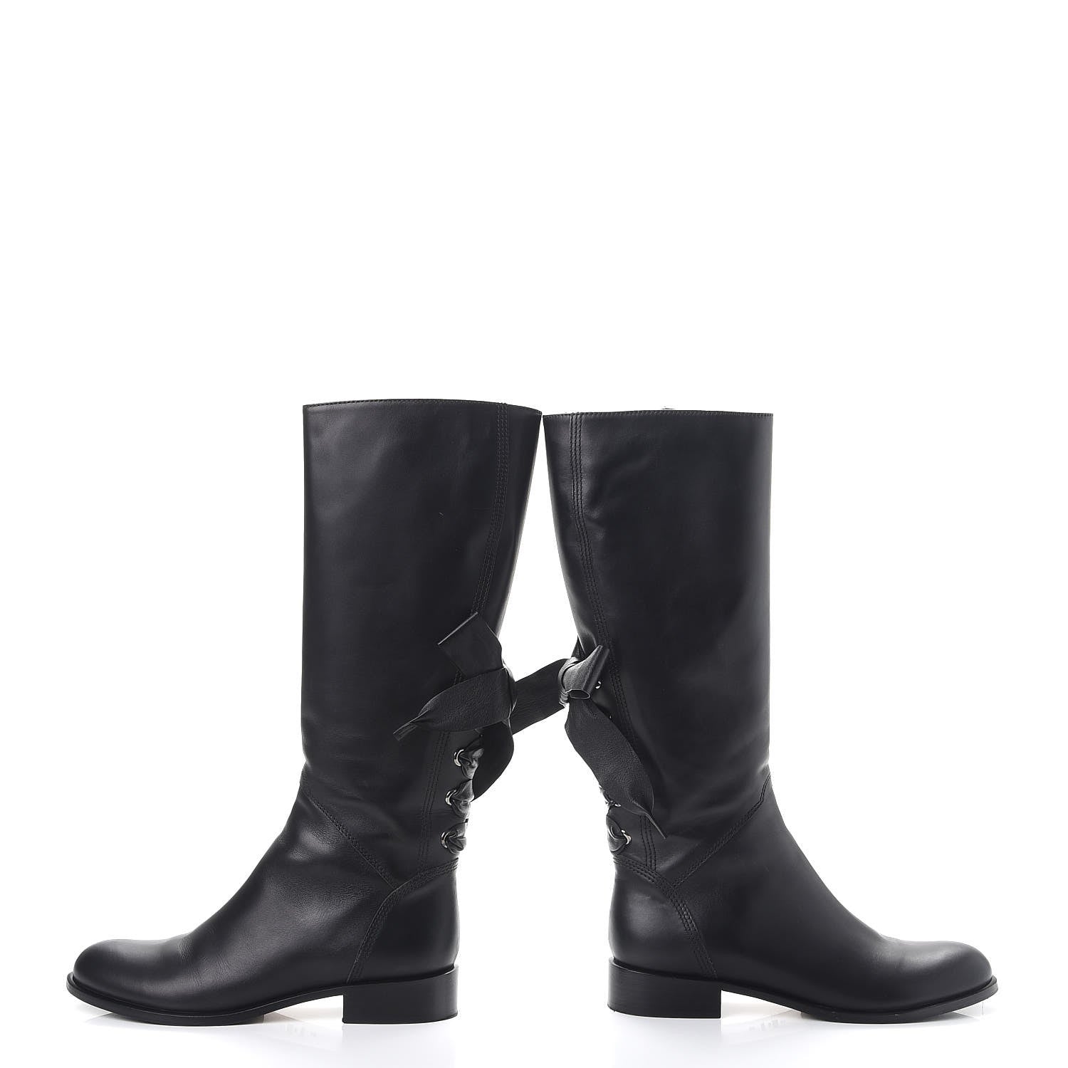 Valentino Garavani Calfskin Bow Lace Up Back Knee High Tall Boots 38.5 Black 6 of 24