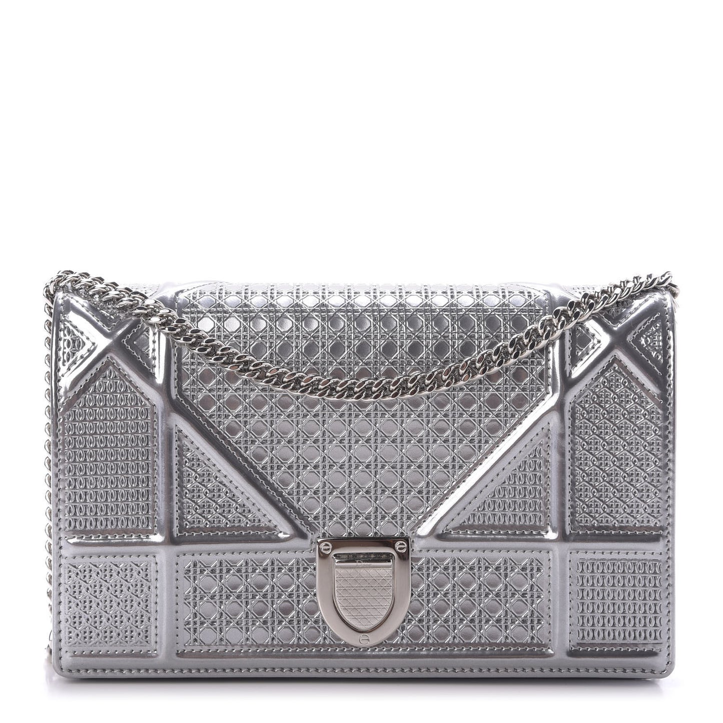 Metallic Patent Micro-Cannage Diorama Wallet on Chain Pouch Silver