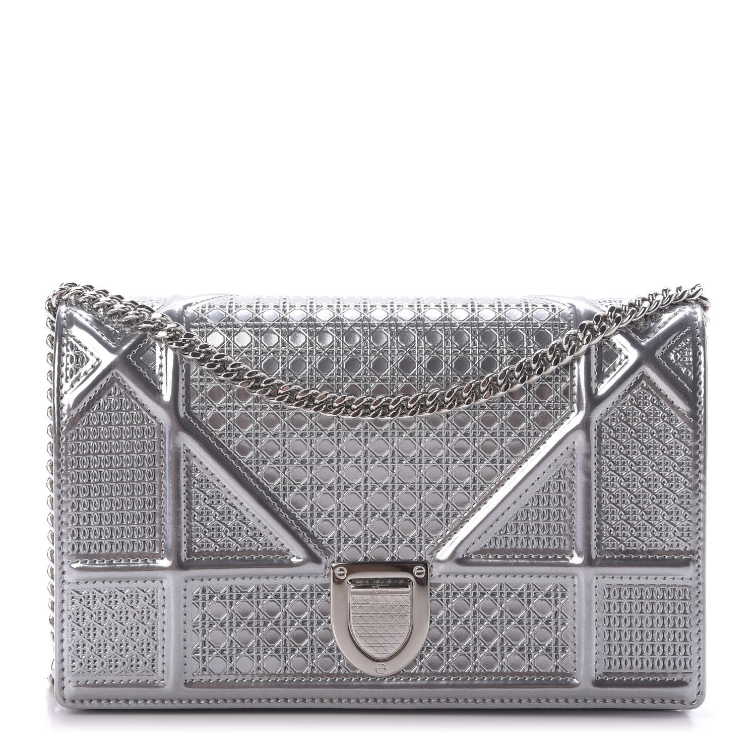 Christian Dior Metallic Patent Micro-Cannage Diorama Wallet on Chain Pouch Silver 1 of 9