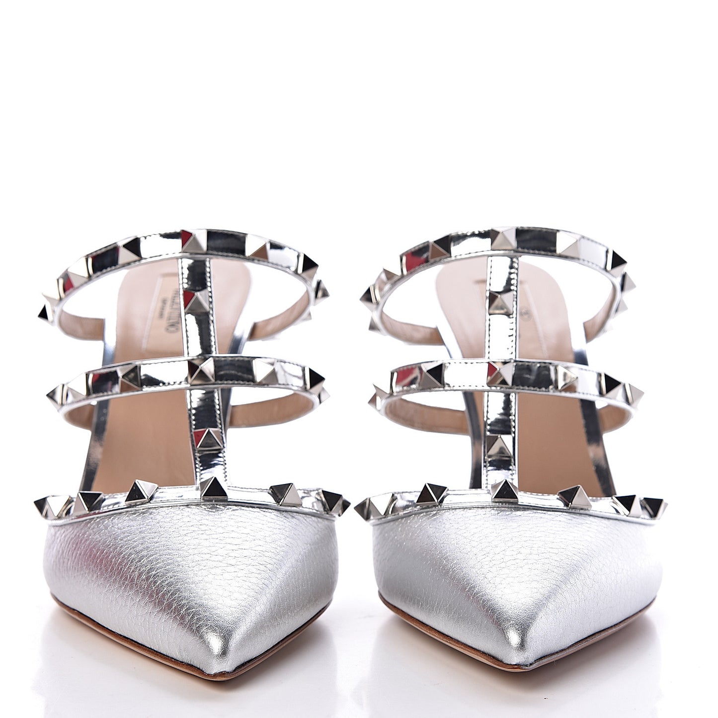 Metallic Pebbled Calfskin Rockstud 90mm Cage Mules 40 Silver