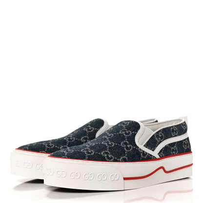 Gucci New Denim GG Monogram Womens 1977 Tennis Slip On 30mm Sneakers 38.5 Blue Tea Mystic White 3 of 8