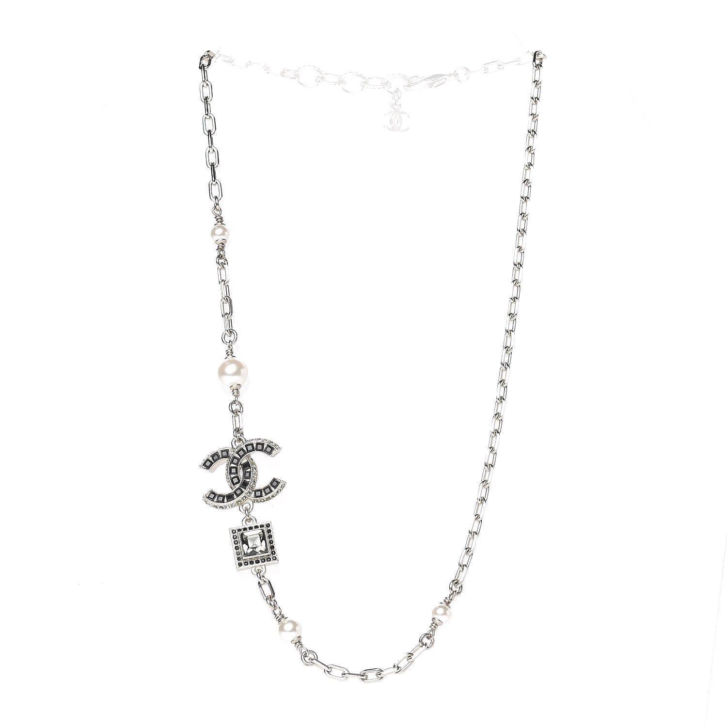 Chanel Pearl Baguette Crystal CC Short Necklace Silver 3 of 5
