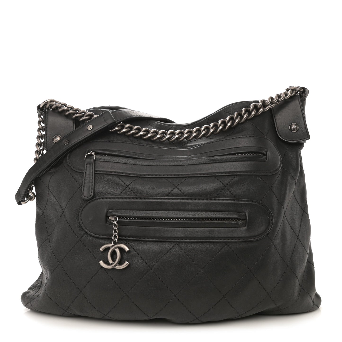 Calfskin Stitched Double Zip Hobo Black