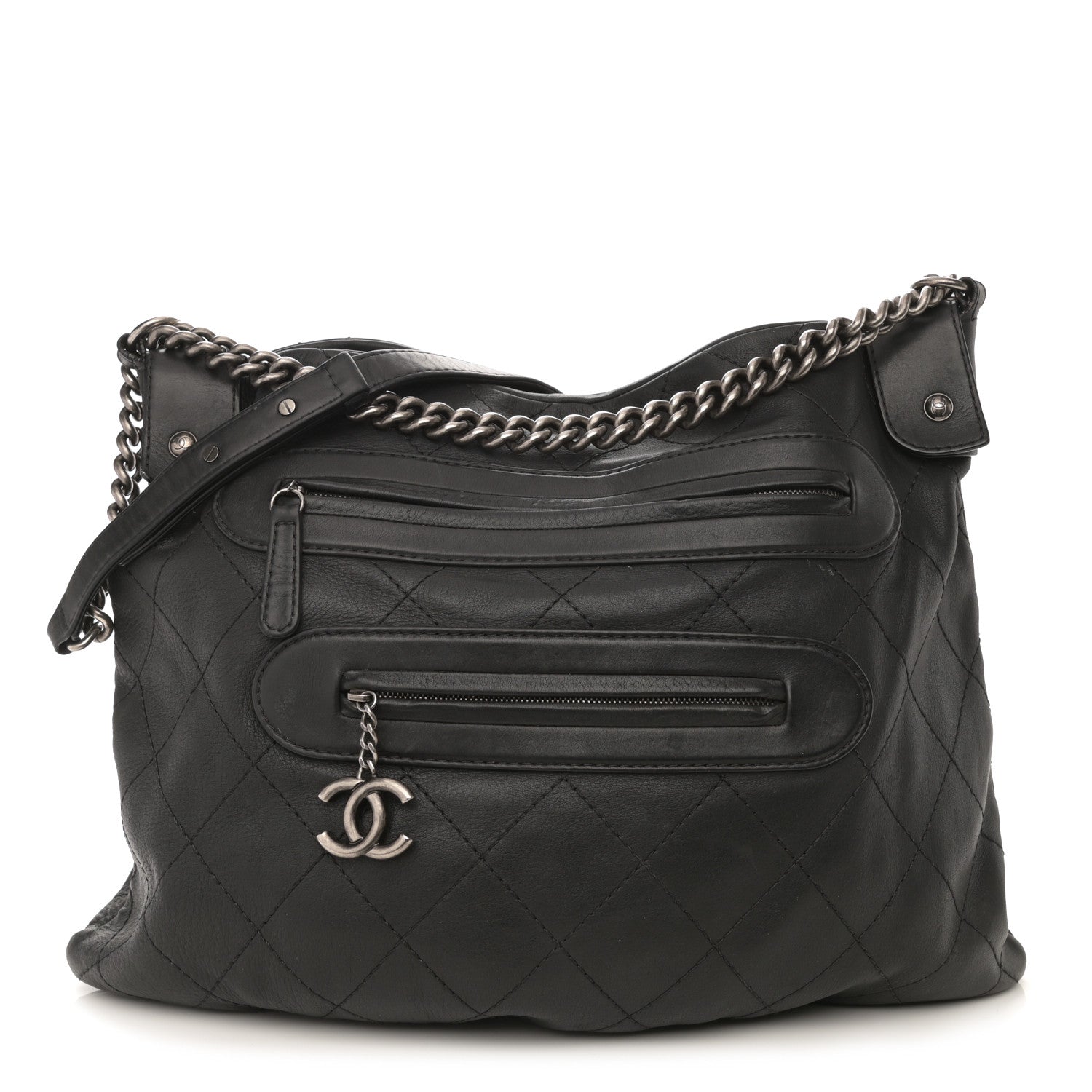 Chanel Calfskin Stitched Double Zip Hobo Black 1 of 14