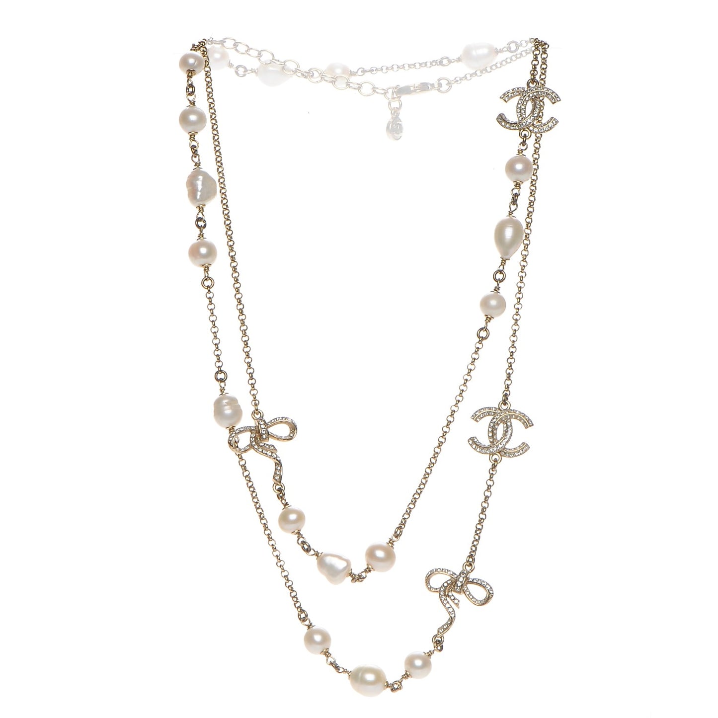 Crystal Pearl CC Bow Long Necklace Light Gold