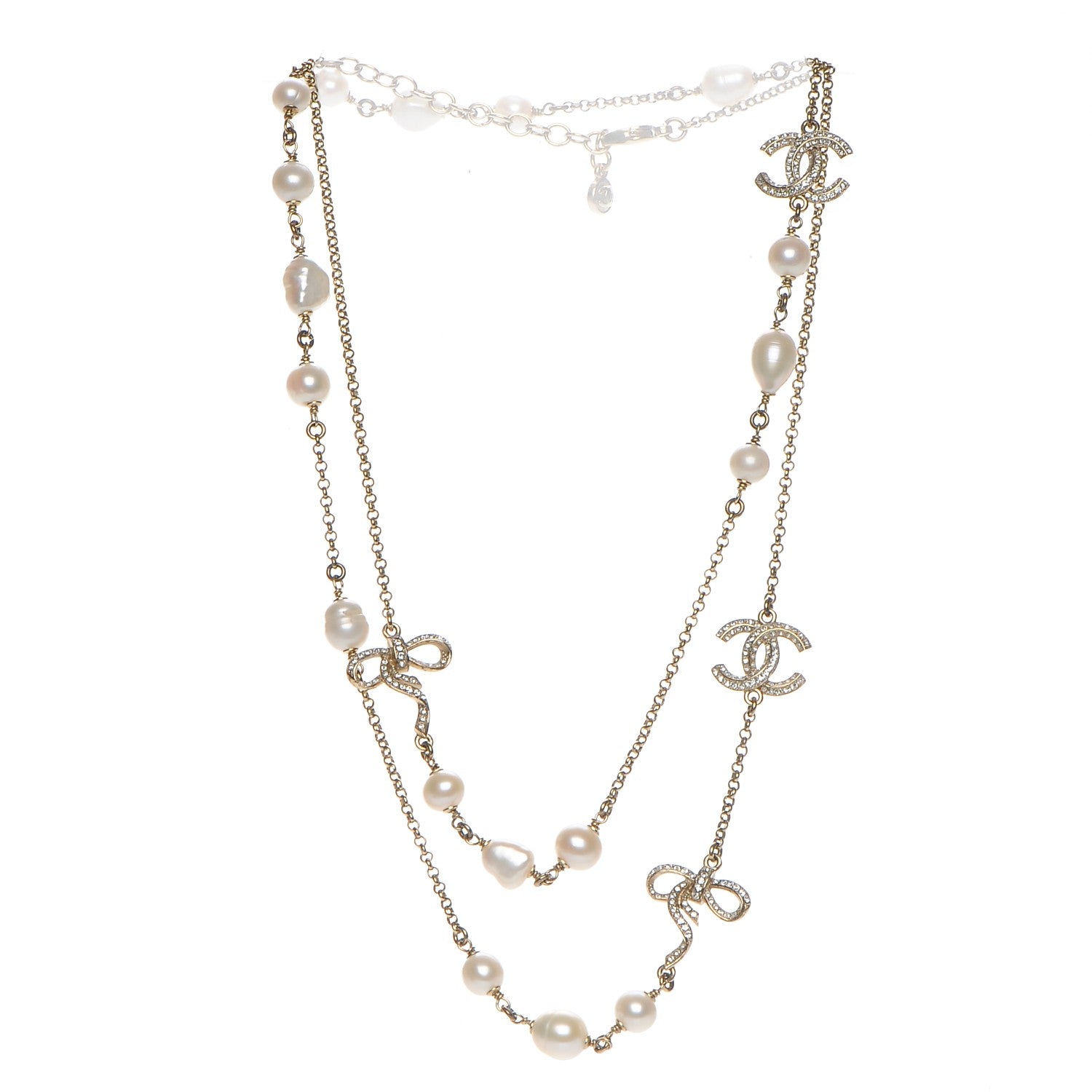 Chanel Crystal Pearl CC Bow Long Necklace Light Gold 3 of 9