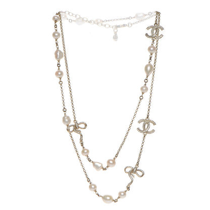 Chanel Crystal Pearl CC Bow Long Necklace Light Gold 3 of 9
