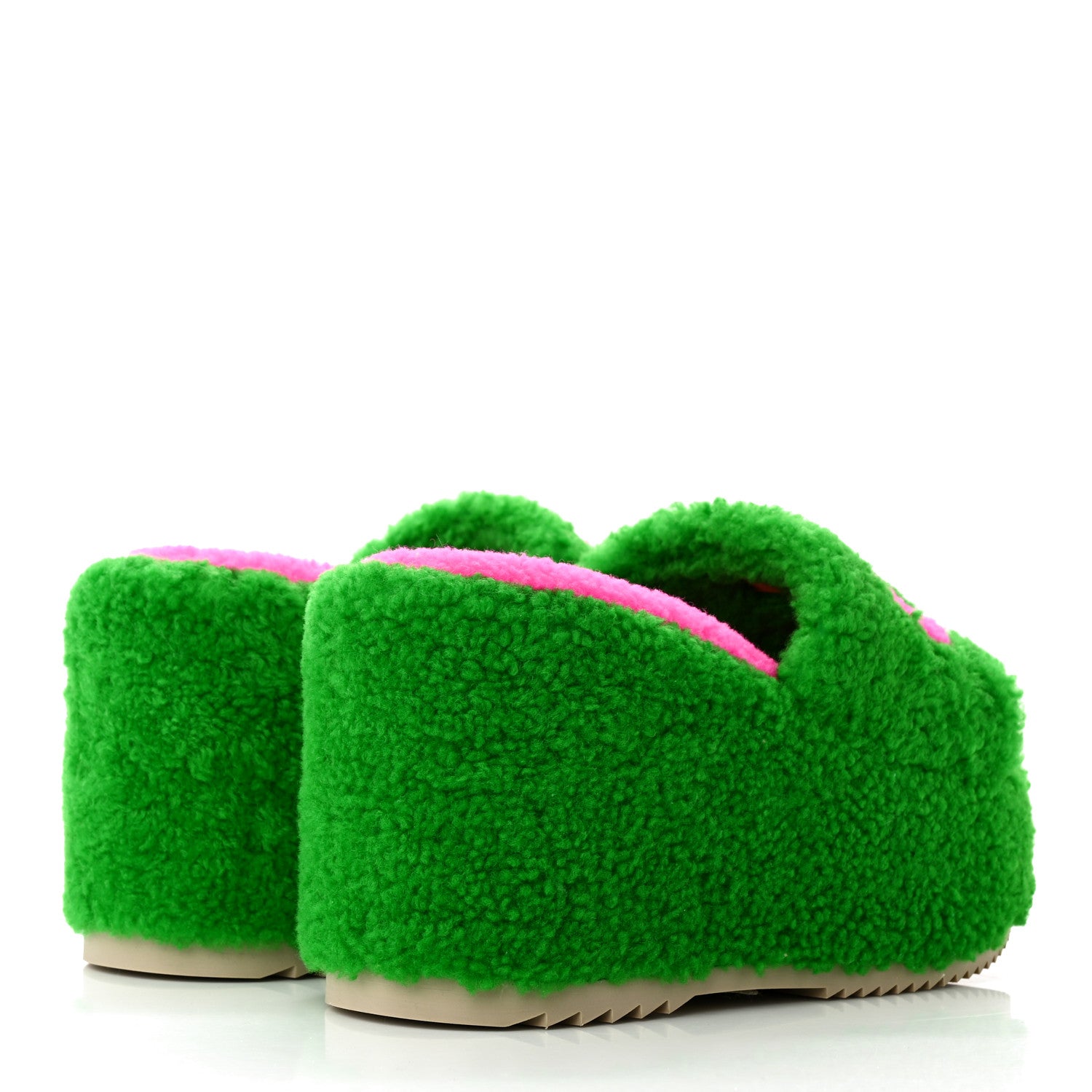 Gucci Shearling Interlocking G Womens Elea Platform Slide Wedge Sandals 36 Green Fluo Fuxia Fluo 4 of 11