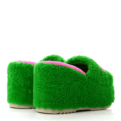 Gucci Shearling Interlocking G Womens Elea Platform Slide Wedge Sandals 36 Green Fluo Fuxia Fluo 4 of 11